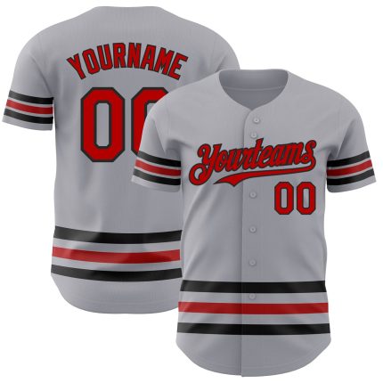 Custom Authentic Baseball Jersey with Personalized Name and Number - Gray Red-Black Line Design Personalized Gray Red-Black