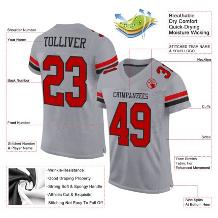 Personalized Authentic Football Jersey in Gray Red and Black Mesh Personalized Gray Red-Black Mesh Authentic Football Jersey