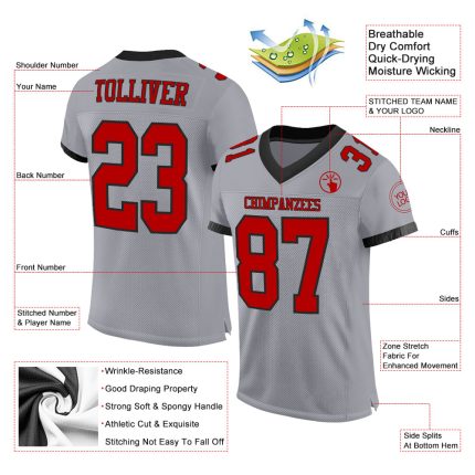 Custom Name and Number Gray Red-Black Mesh Football Jersey - Personalized Authentic Team Jersey Personalized Gray Red-Black