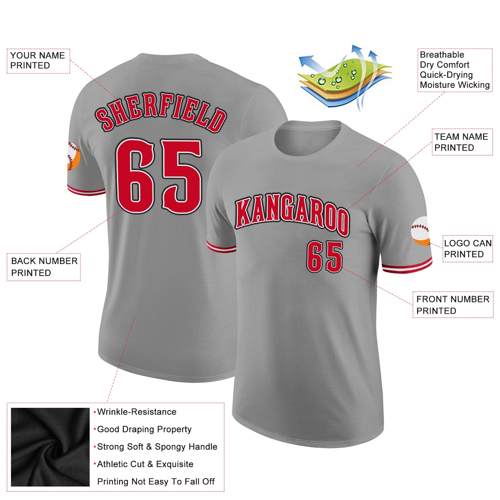 Personalized Gray Red-Black Performance T-Shirt Team Custom Name and Number Custom Team Performance T-Shirt with Name and Number - Gray Red-Black Personalized Gray Red-Black Performance T-Shirt Team - Image 2