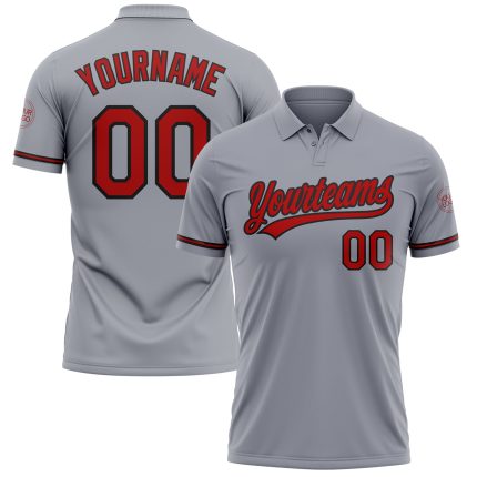 Custom Name Number Gray Red-Black Performance Golf Polo Shirt - Personalized Team Apparel Personalized Gray Red-Black Performance