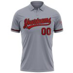 Custom Name Number Gray Red-Black Performance Golf Polo Shirt - Personalized Team Apparel Personalized Gray Red-Black Performance