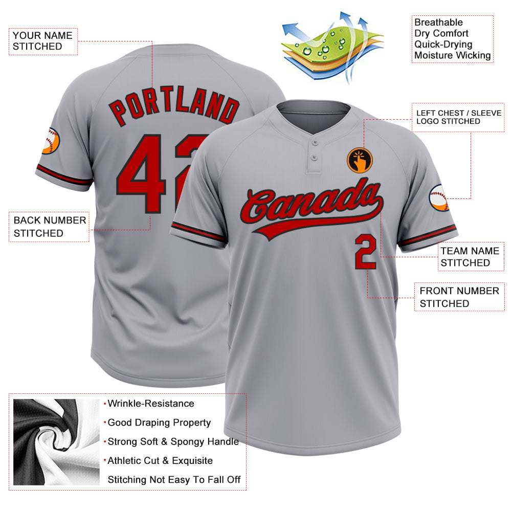 Personalized Gray Red-Black Two-Button Unisex Softball Jersey Custom Gray Red-Black Unisex Softball Jersey - Personalized Two-Button Design Personalized Gray Red-Black Two-Button Unisex - Image 3