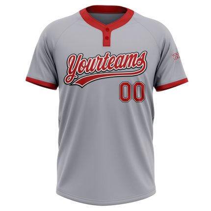 Custom Name and Number Unisex Softball Jersey - Personalized Gray Red-Black Two-Button Design Personalized Gray Red-Black