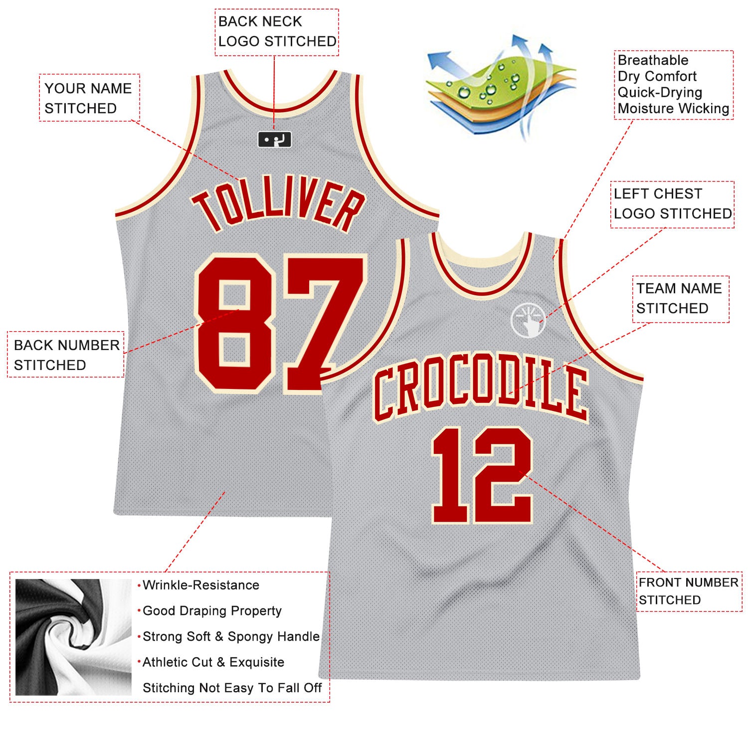 Personalized Gray Red-Cream Authentic Throwback Basketball Jersey Team Custom Name and Number Custom Team Basketball Jersey with Personalized Name and Number - Gray Red Cream Authentic Throwback Personalized Gray Red-Cream - Image 2