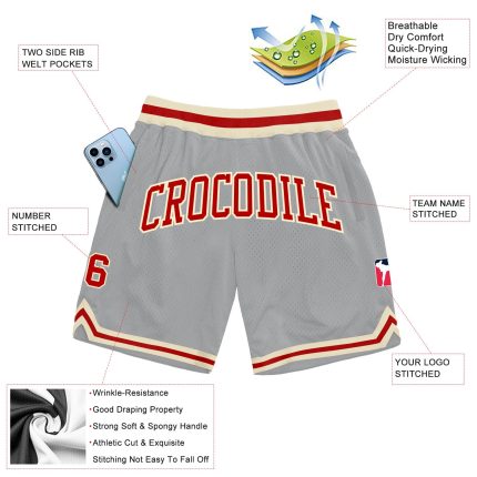Custom Name & Number Personalized Basketball Shorts - Gray Red-Cream Authentic Throwback Style Personalized Gray Red-Cream