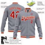 Customizable Varsity Letterman Jacket with Name and Number - Gray Red-Cream Full-Snap Bomber Style Personalized Gray Red-Cream