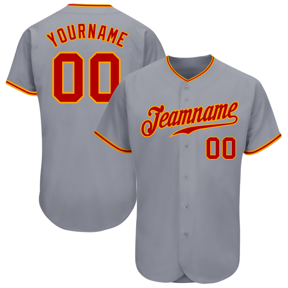 Custom Name and Number Authentic Baseball Jersey - Personalized Gray Red-Gold Team Apparel Personalized Gray Red-Gold Authentic