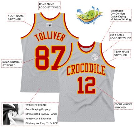 Custom Gray Red-Gold Basketball Jersey with Personalized Name & Number - Authentic Throwback Design Personalized Gray Red-Gold