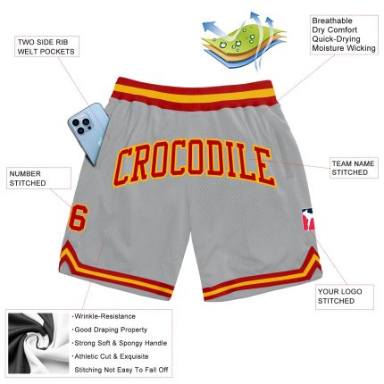 Custom Name Number Throwback Basketball Shorts - Personalized Gray Red-Gold Team Apparel Personalized Gray Red-Gold Authentic