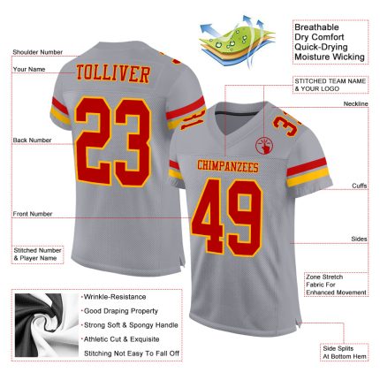 Customizable Gray Red-Gold Authentic Football Jersey with Personalized Name and Number - Team Apparel Personalized Gray Red-Gold