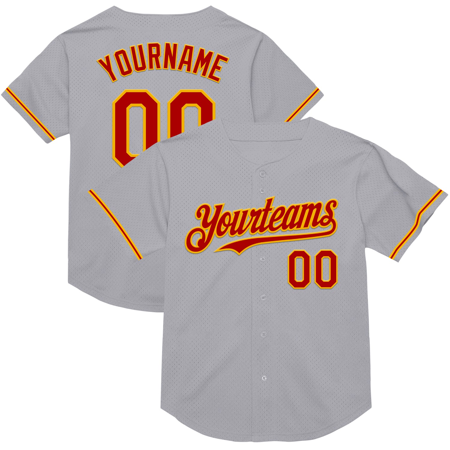 Custom Personalized Baseball Jersey - Gray Red-Gold Mesh Authentic Throwback with Name and Number Personalized Gray Red-Gold