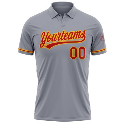 Custom Team Name Number Gray Red-Gold Performance Vapor Golf Polo Shirt Personalized Gray Red-Gold Performance Vapor Golf