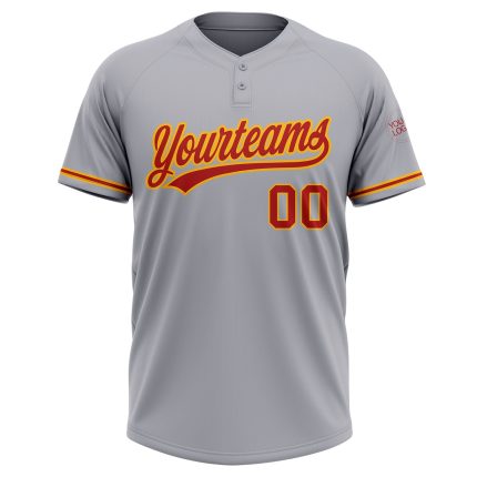 Custom Name & Number Unisex Softball Jersey, Gray Red-Gold Two-Button Design - Personalized Team Apparel Personalized Gray
