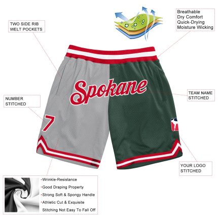 Custom Name and Number Personalized Basketball Shorts Gray Red Hunter Green Fashion Throwback Split Design Personalized Gray