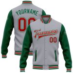 Custom Varsity Letterman Jacket Personalized Two Tone Gray Red-Kelly Green Full-Snap with Team Name and Number Personalized