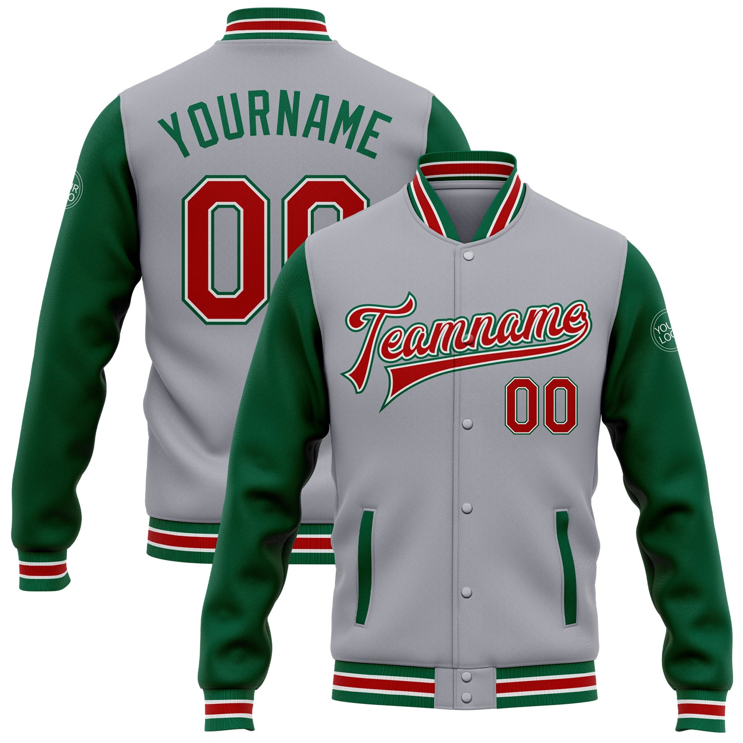 Custom Varsity Letterman Jacket Personalized Two Tone Gray Red-Kelly Green Full-Snap with Team Name and Number Personalized
