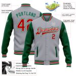 Custom Varsity Letterman Jacket Personalized Two Tone Gray Red-Kelly Green Full-Snap with Team Name and Number Personalized