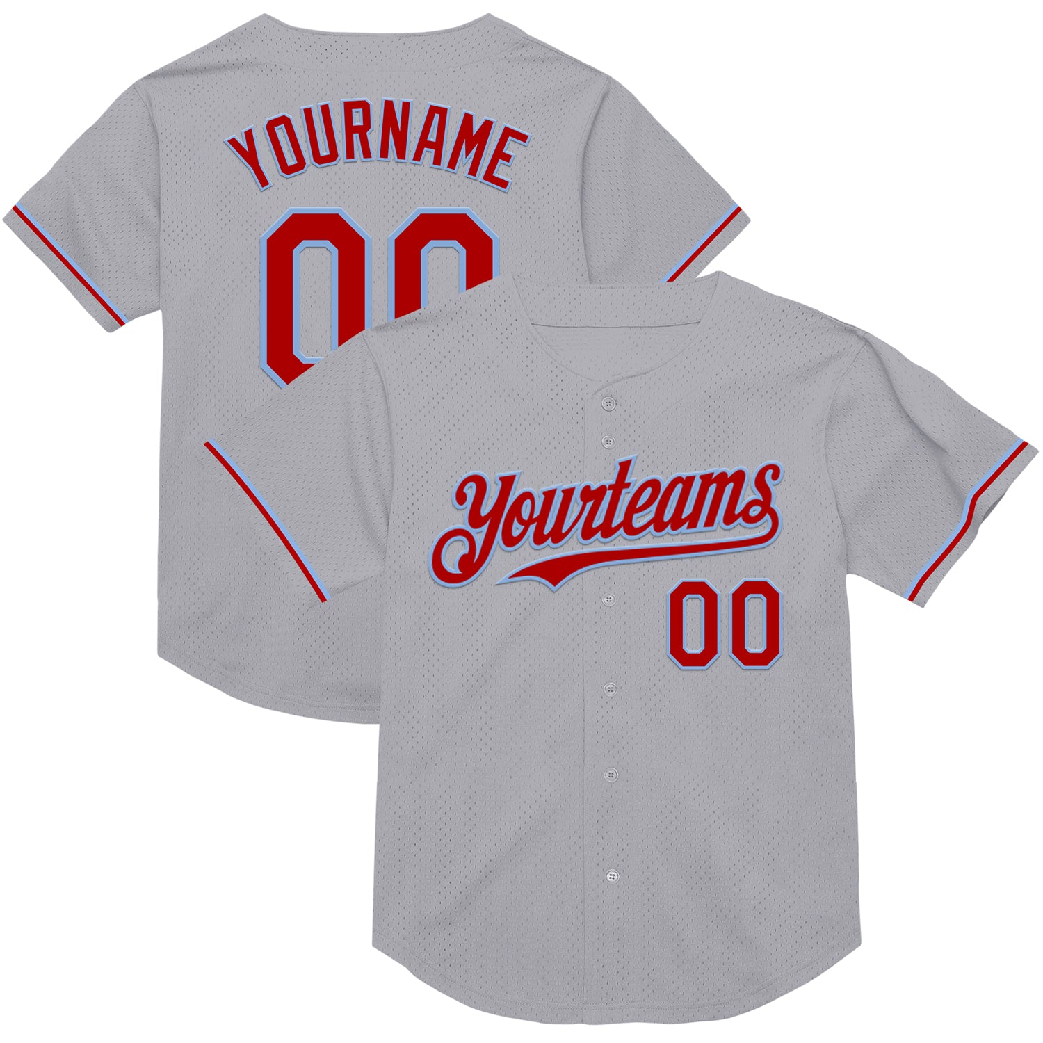 Custom Personalized Gray Red-Light Blue Baseball Jersey with Name and Number - Authentic Throwback Style Personalized Gray