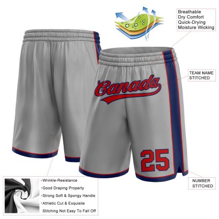 Custom Basketball Shorts with Personalized Name and Number in Gray Red-Navy - Authentic Team Gear Personalized Gray Red-Navy