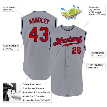 Custom Gray Red-Navy Personalized Baseball Jersey with Name and Number - Authentic Sleeveless Team Jersey Personalized Gray