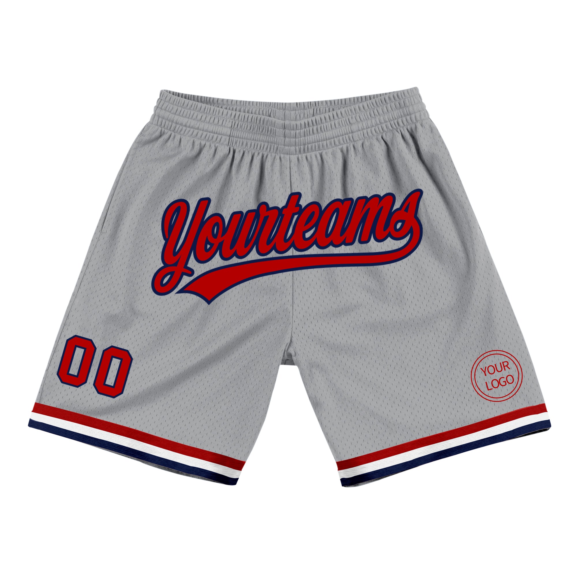 Custom Personalized Basketball Shorts with Team Name and Number - Gray Red-Navy Authentic Throwback Style Personalized Gray