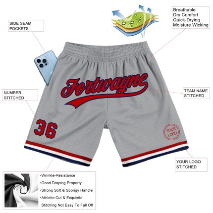Custom Personalized Basketball Shorts with Team Name and Number - Gray Red-Navy Authentic Throwback Style Personalized Gray