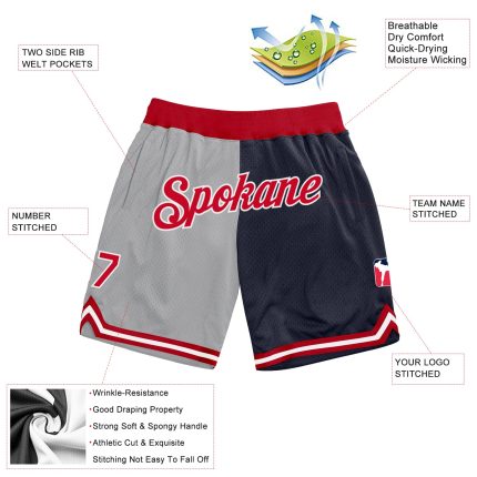 Custom Name and Number Personalized Basketball Shorts, Gray Red-Navy Authentic Throwback Split Fashion Personalized Gray