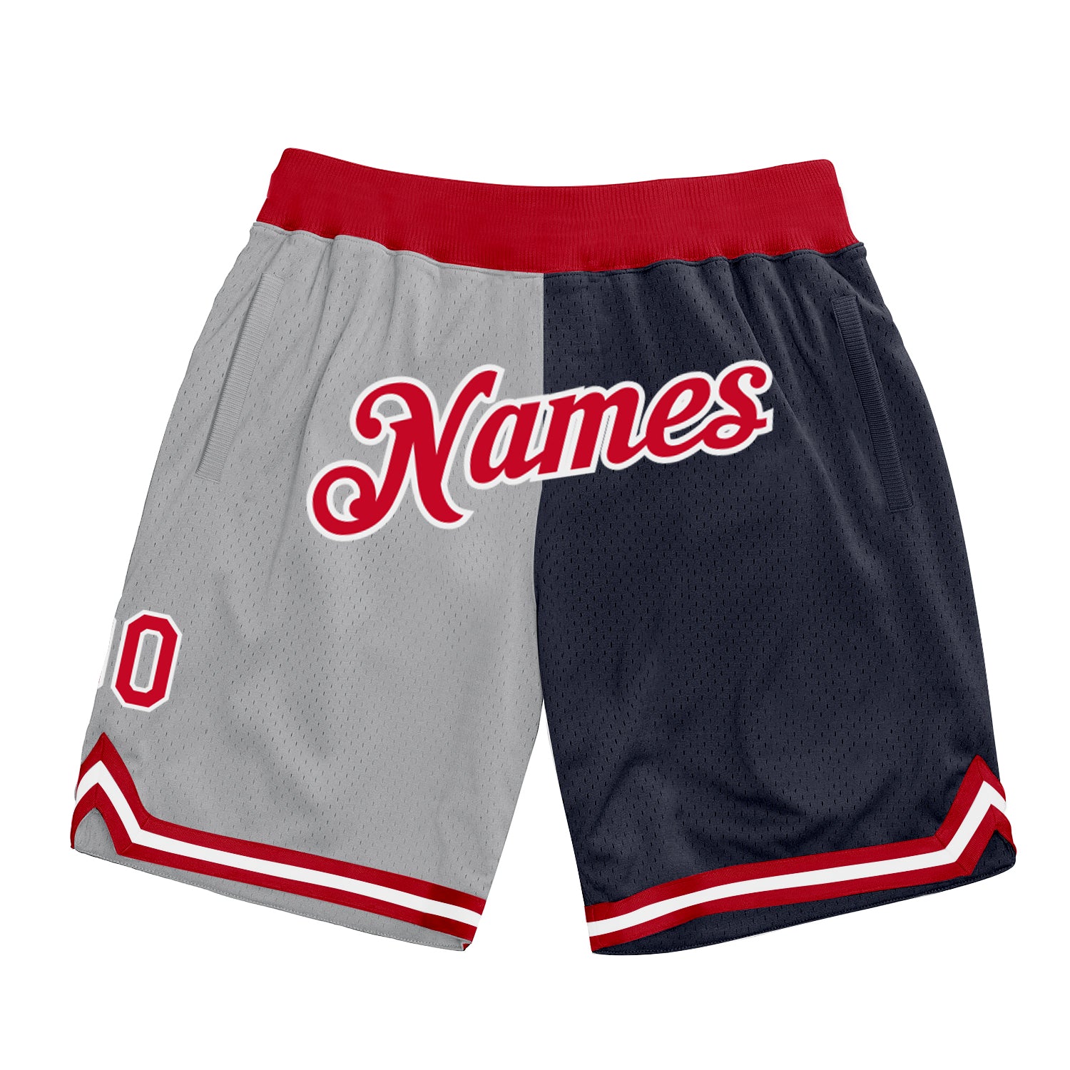 Custom Name and Number Personalized Basketball Shorts, Gray Red-Navy Authentic Throwback Split Fashion Personalized Gray