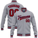 Custom Bomber Varsity Letterman Jacket Gray Red Navy | Personalized Team Name & Number Full-Snap Design Personalized Gray