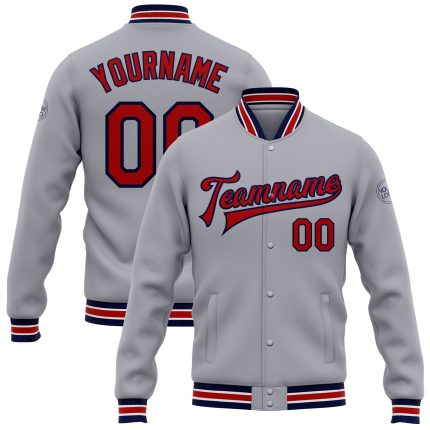 Custom Bomber Varsity Letterman Jacket Gray Red Navy | Personalized Team Name & Number Full-Snap Design Personalized Gray