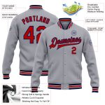 Custom Bomber Varsity Letterman Jacket Gray Red Navy | Personalized Team Name & Number Full-Snap Design Personalized Gray