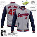 Custom Name and Number Two Tone Bomber Varsity Jacket in Gray Red-Navy - Personalized Full-Snap Letterman Jacket Personalized