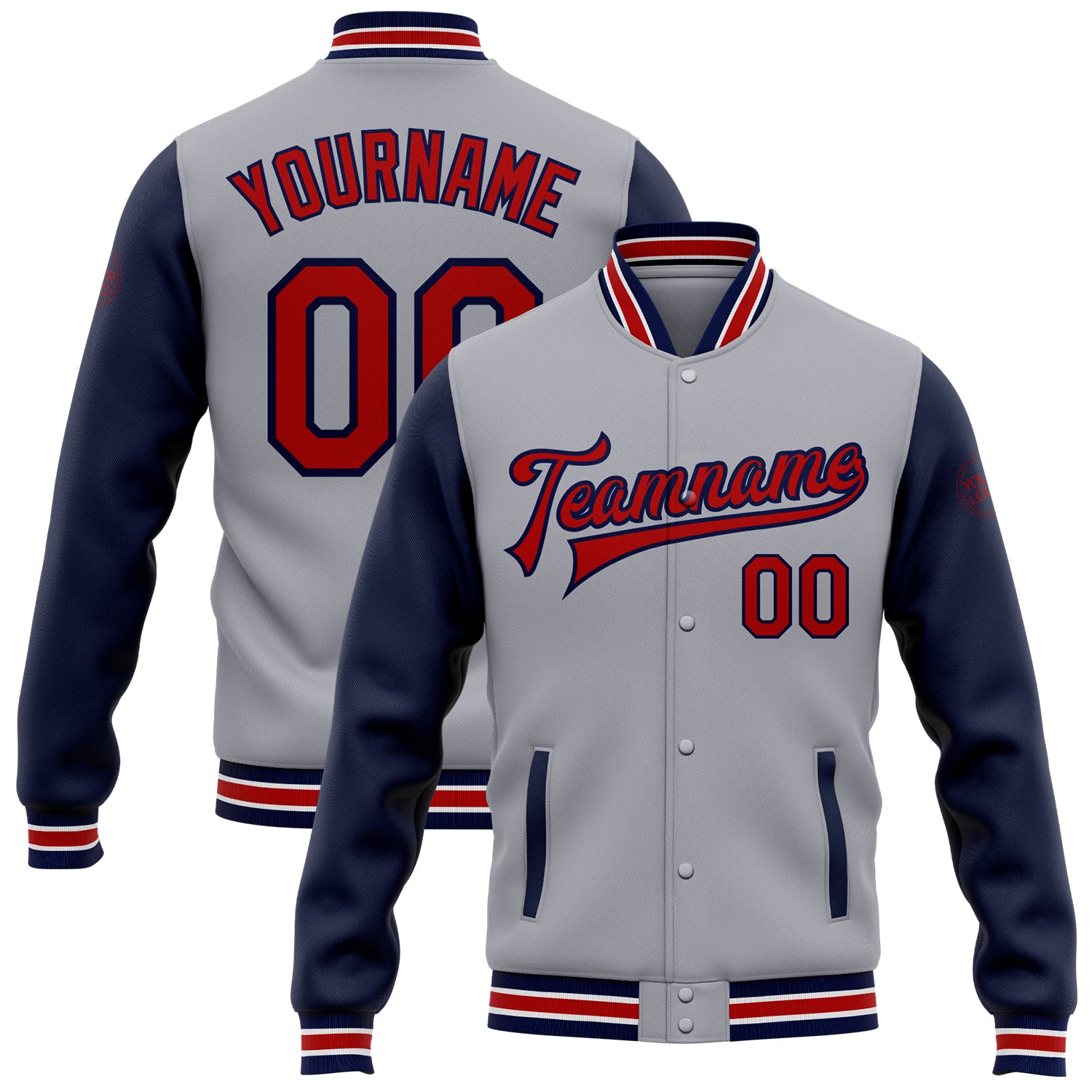 Custom Name and Number Two Tone Bomber Varsity Jacket in Gray Red-Navy - Personalized Full-Snap Letterman Jacket Personalized