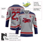 Custom Name and Number Personalized Hockey Jersey - Gray Red-Navy Lace Neck Team Apparel Personalized Gray Red-Navy Hockey