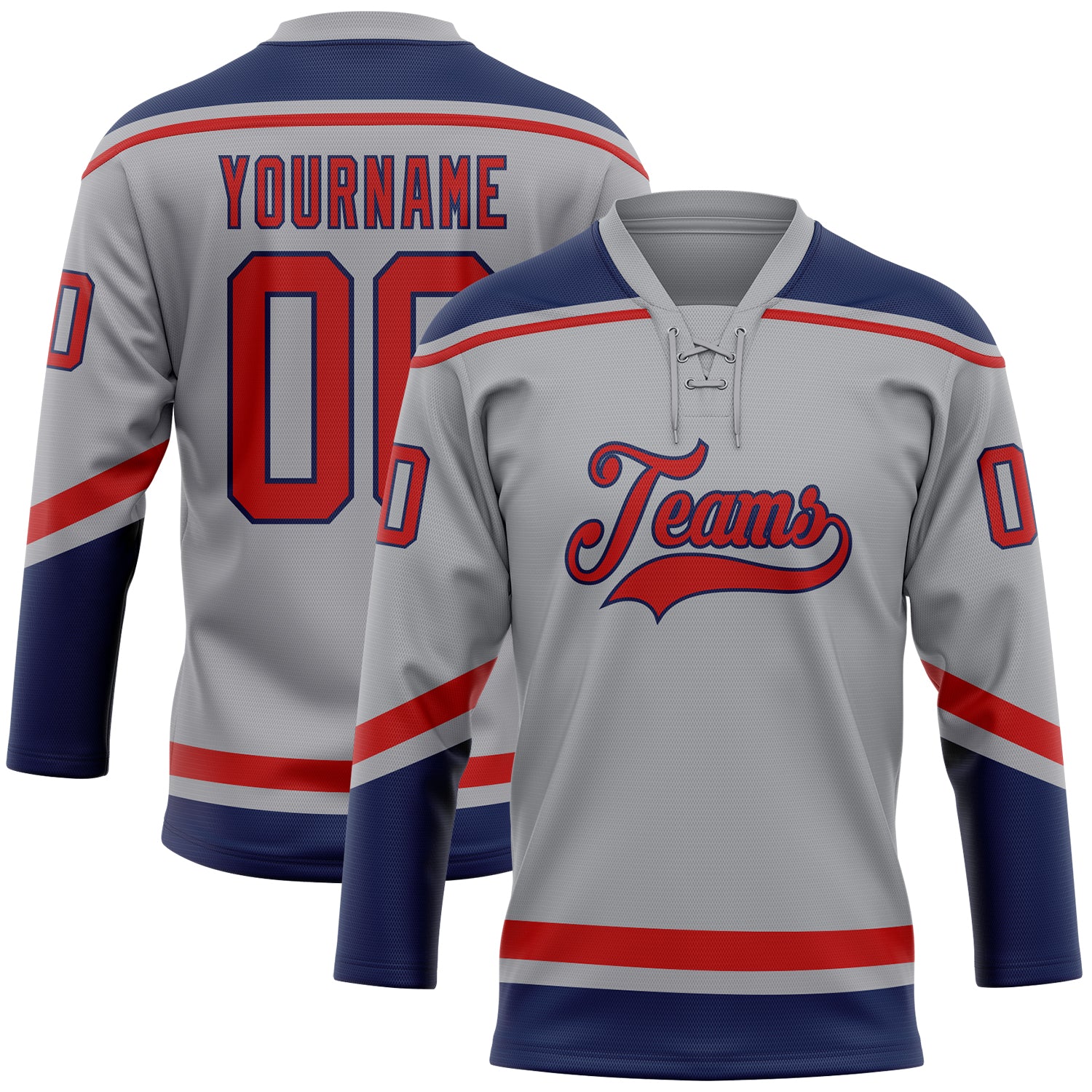 Custom Name and Number Personalized Hockey Jersey - Gray Red-Navy Lace Neck Team Apparel Personalized Gray Red-Navy Hockey