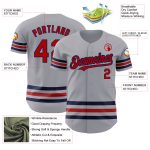 Custom Personalized Baseball Jersey - Red-Navy Line - Gray - Team Name & Number Personalized Gray Red-Navy Line Authentic