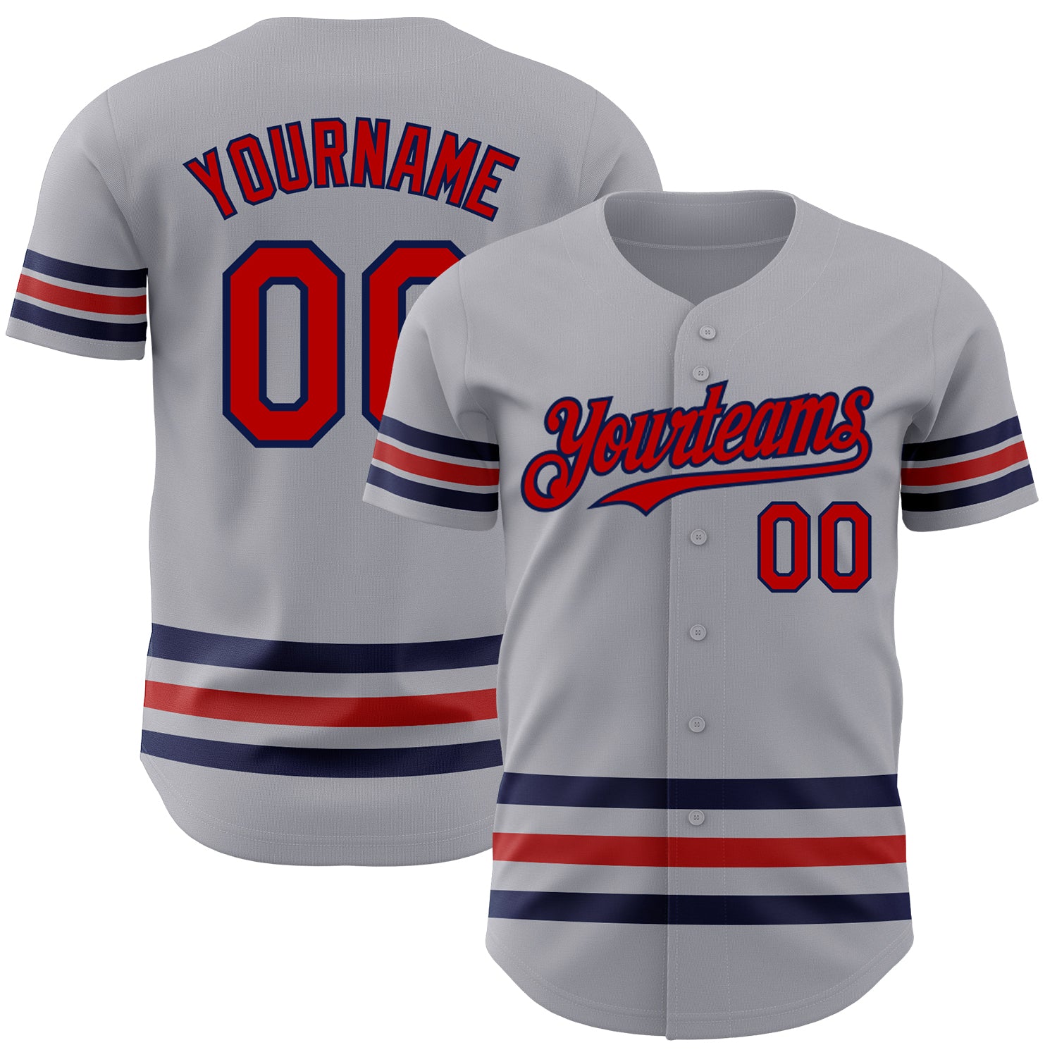 Custom Personalized Baseball Jersey - Red-Navy Line - Gray - Team Name & Number Personalized Gray Red-Navy Line Authentic