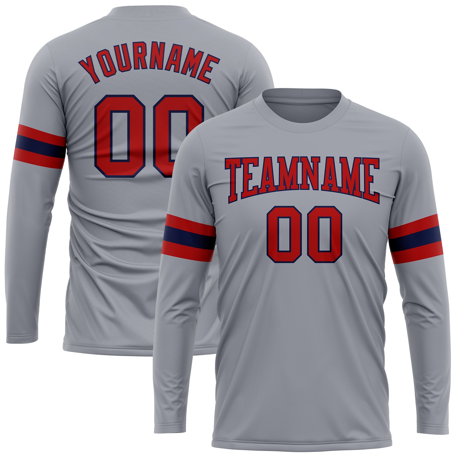Custom Team Name Number Long Sleeve Performance T-Shirt Gray Red Navy Design Personalized Personalized Gray Red-Navy Long