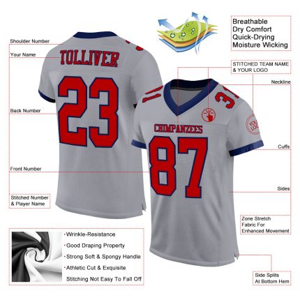 Personalized Red Navy Gray Mesh Football Jersey - Custom Sports Apparel Personalized Gray Red-Navy Mesh Authentic Football