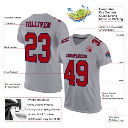Custom Name Number Personalized Football Jersey Red Navy Gray Mesh Personalized Gray Red-Navy Mesh Authentic Football Jersey