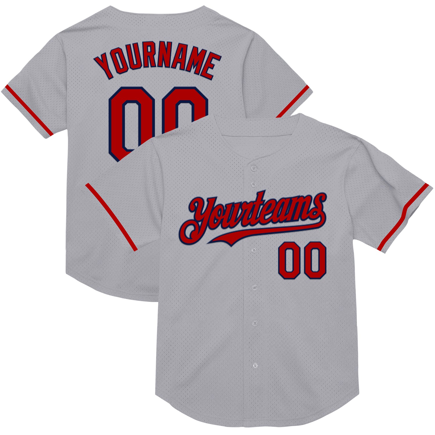 Customizable Gray Red-Navy Mesh Authentic Throwback Baseball Jersey with Personalized Name & Number Personalized Gray Red-Navy