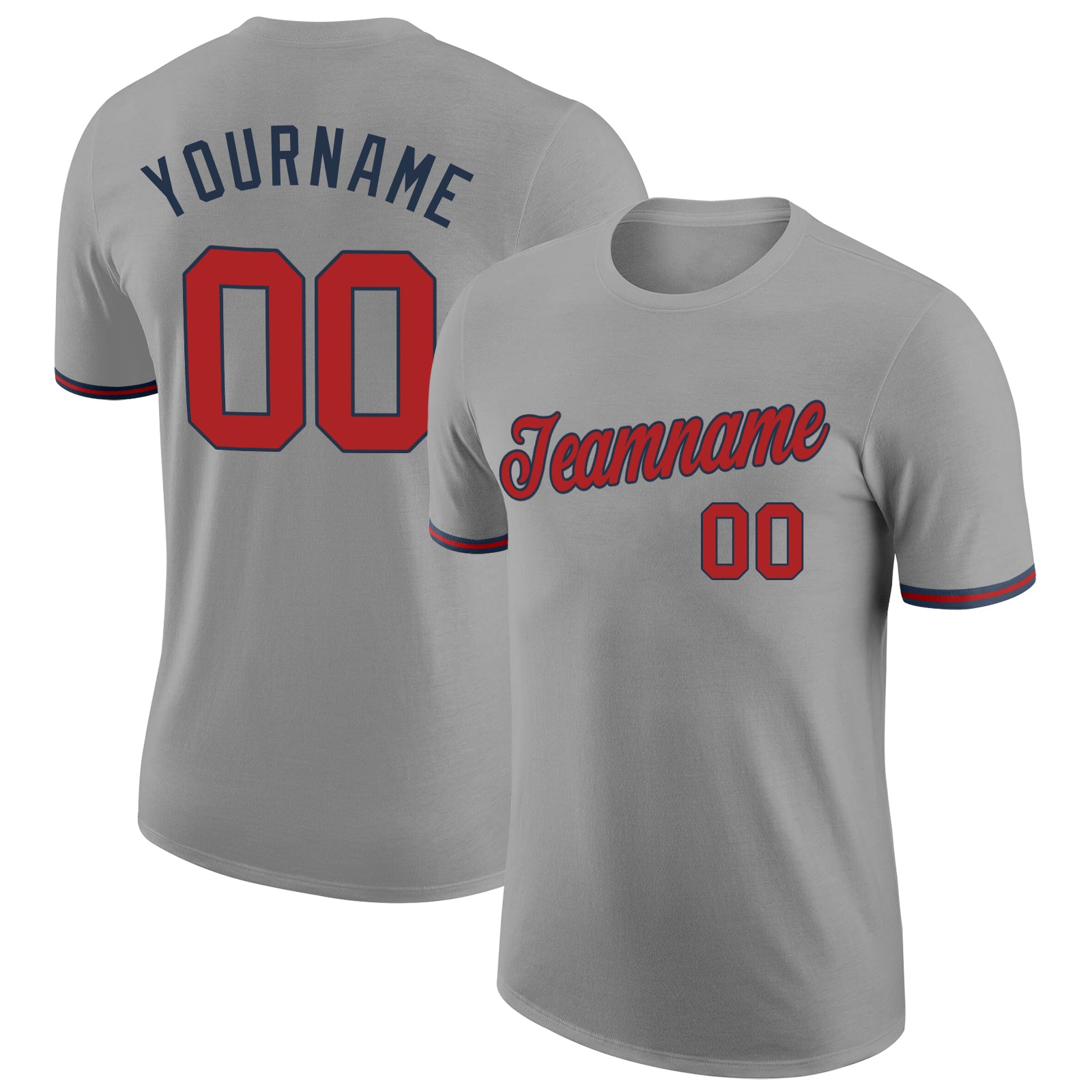 Custom Team Performance T-Shirt with Personalized Name and Number - Gray Red-Navy Personalized Gray Red-Navy Performance