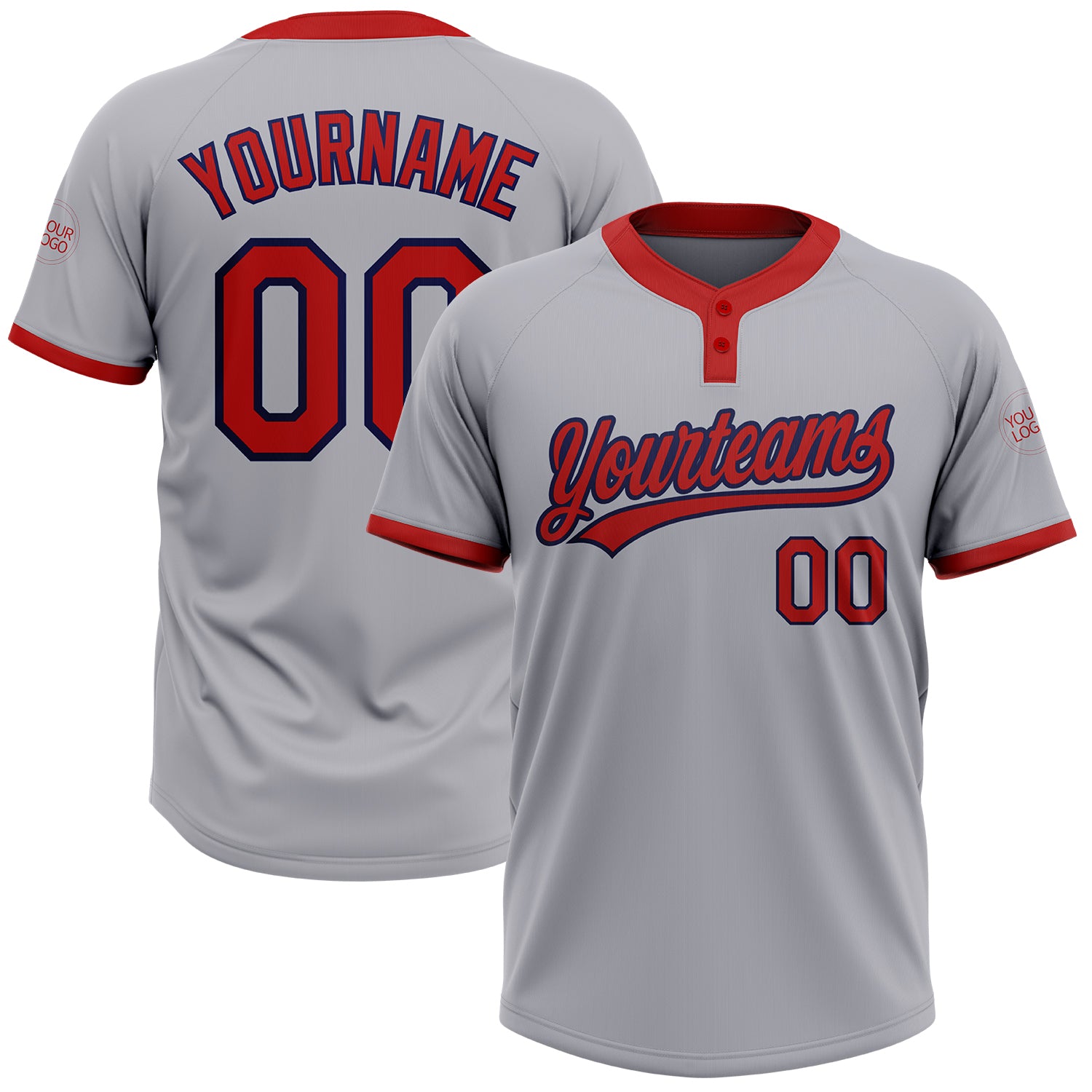 Custom Unisex Softball Jersey with Personalized Name and Number - Gray Red-Navy Two-Button Design Personalized Gray Red-Navy