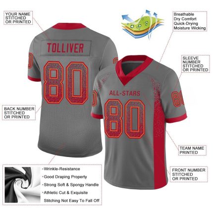 Custom Team Football Jersey - Personalized Gray Red-Orange Drift Mesh with Name and Number Personalized Gray Red-Orange Mesh