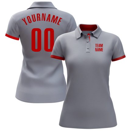 Custom Name Number Golf Polo Shirt - Personalized Gray Red Performance Team Apparel Personalized Gray Red Performance Golf