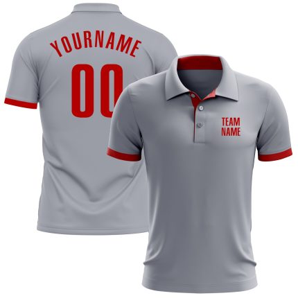Custom Name Number Golf Polo Shirt - Personalized Gray Red Performance Team Apparel Personalized Gray Red Performance Golf