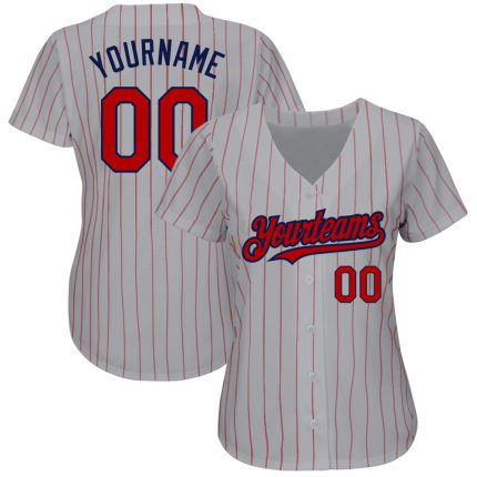 Custom Authentic Baseball Jersey with Personalized Name and Number in Gray and Red Pinstripe Navy Personalized Gray Red Pinstripe