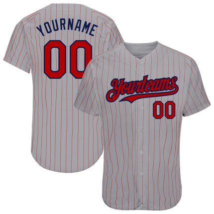 Custom Authentic Baseball Jersey with Personalized Name and Number in Gray and Red Pinstripe Navy Personalized Gray Red Pinstripe
