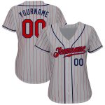 Custom Personalized Baseball Jersey - Gray Red Pinstripe, Red-Navy, Team Name & Number Personalized Gray Red Pinstripe Red-Navy